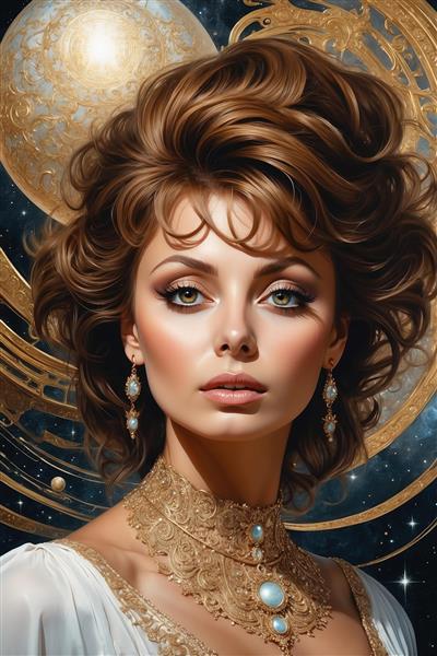طرح فانتزی زن با گردنبند پهن طلایی و فضای انتزاعی