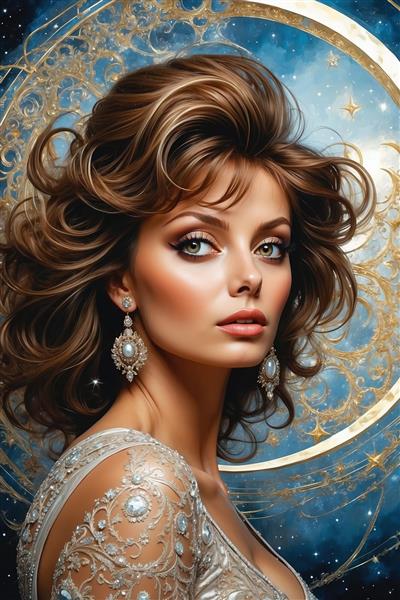 عکس چهره زن فانتزی با موهای حجیم و نور آبی