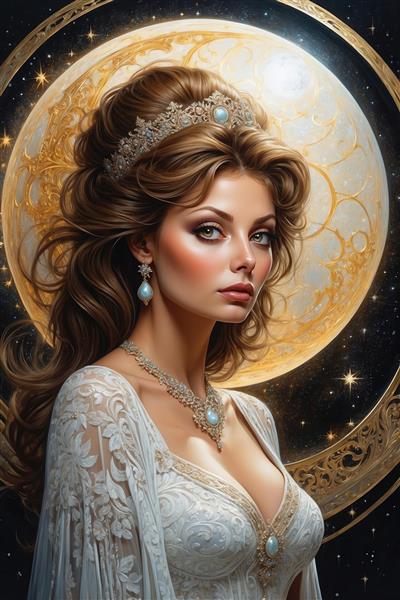 تصویر فانتزی زن با لباس سفید توری و پس‌زمینه ماه