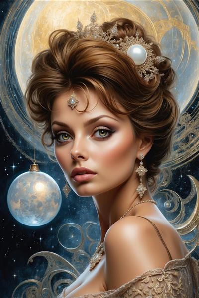 عکس پرتره زن فانتزی با تاج مروارید و تم کهکشانی