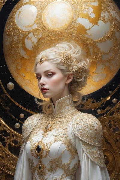 تصویر زن فانتزی با لباس کار شده و گوی درخشان