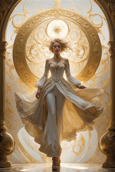 عکس زن فانتزی با لباس سفید در درگاه طلایی