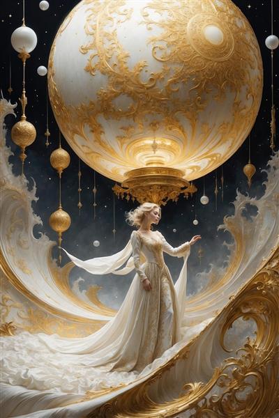 تصویر فانتزی ملکه با لباس سفید در تالار ماه