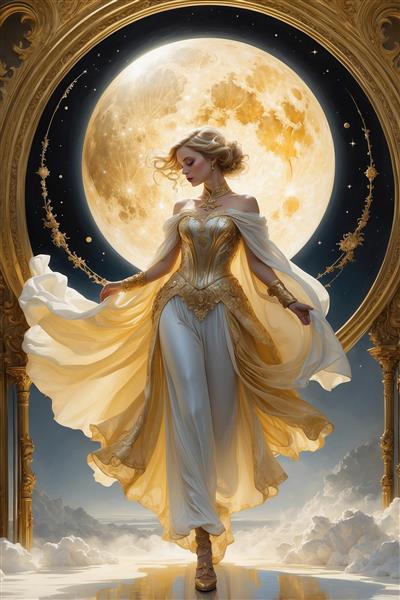 عکس زن فانتزی ایستاده مقابل ماه کامل با لباس مجلل