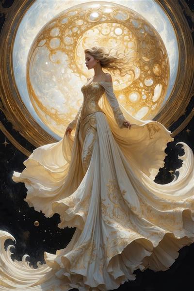 تصویر فانتزی زن با لباس بلند در فضای کهکشانی