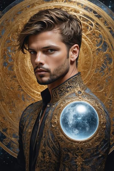 طرح فانتزی مرد با لباس کار شده و نماد سیاره