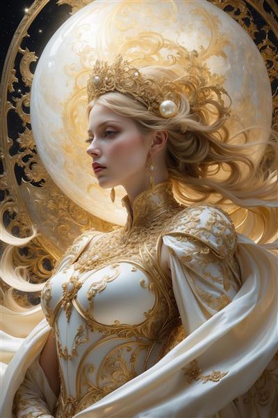 عکس پرتره زن فانتزی با تاج طلایی و مروارید