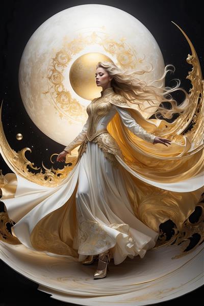 تصویر زن فانتزی با لباس حریر سفید در کنار ماه