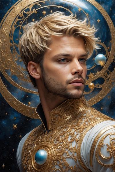 تصویر فانتزی مرد بلوند با لباس سلطنتی سفید و طلایی