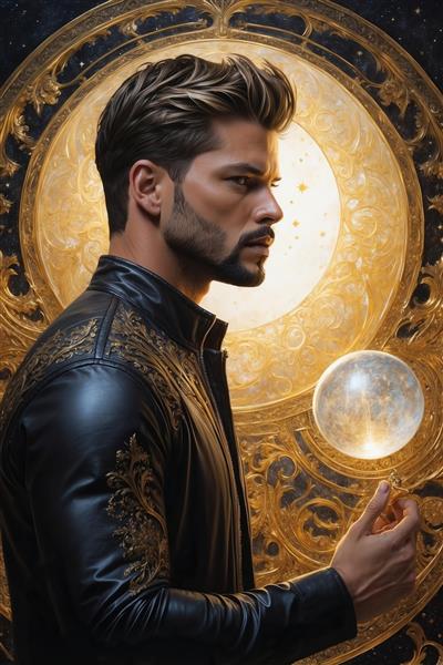 عکس مرد جوان فانتزی با لباس چرمی و گوی ماه