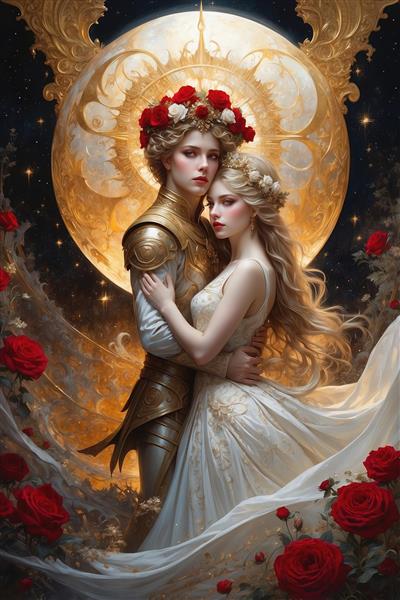 تصویر پادشاه زره‌پوش و ملکه فانتزی با رزهای سرخ