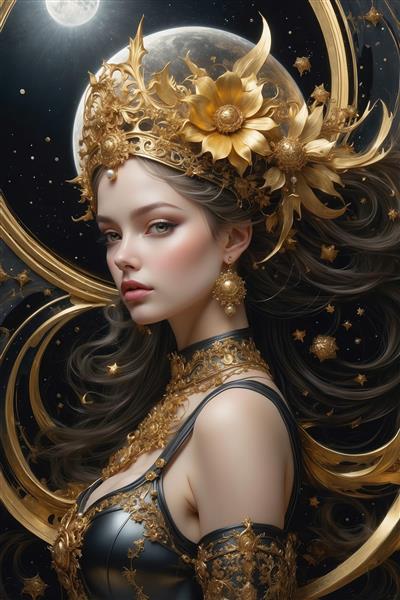 عکس ملکه فانتزی با زره طلایی و موهای تیره
