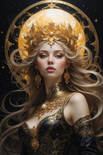 تصویر ملکه فانتزی با لباس مشکی و تاج طلایی