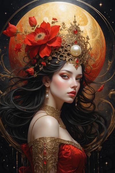 عکس ملکه فانتزی با لباس قرمز و موهای تیره