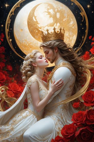 تصویر شاهزاده و ملکه عاشق فانتزی در شب مهتابی