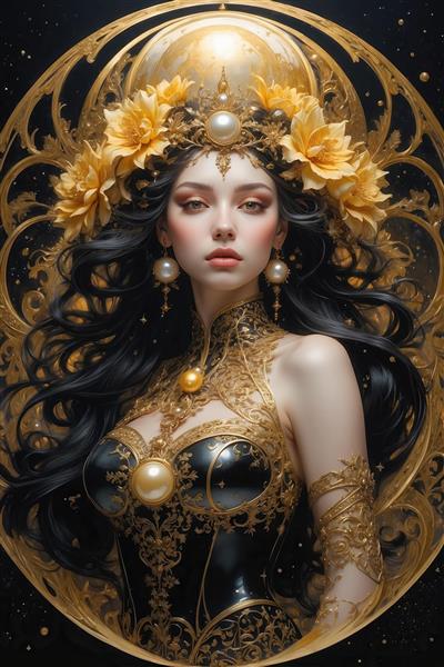 عکس ملکه فانتزی با لباس مشکی و گل‌های زرد