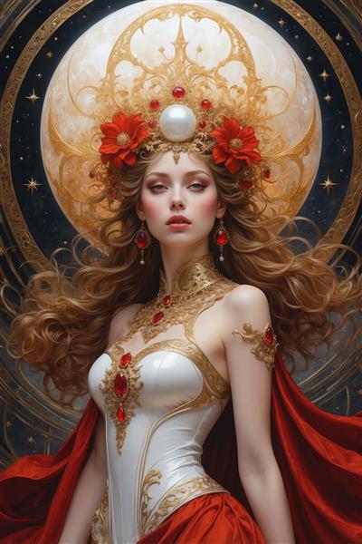 تصویر ملکه فانتزی با شنل قرمز و لباس سفید