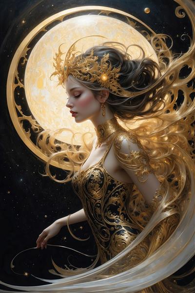 طرح ملکه فانتزی طلایی با موهای بلند و درخشان