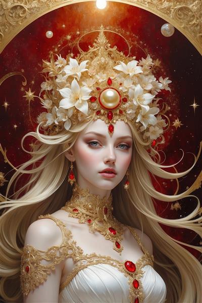 تصویر ملکه فانتزی با تاج گل‌های سفید و مروارید
