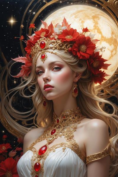 عکس ملکه فانتزی با موهای بلوند و تاج گل