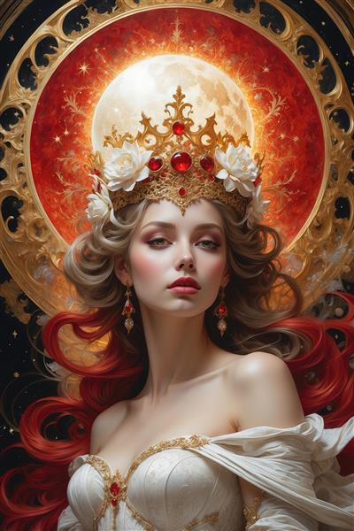 تصویر ملکه فانتزی با تاج جواهری و رزهای سفید
