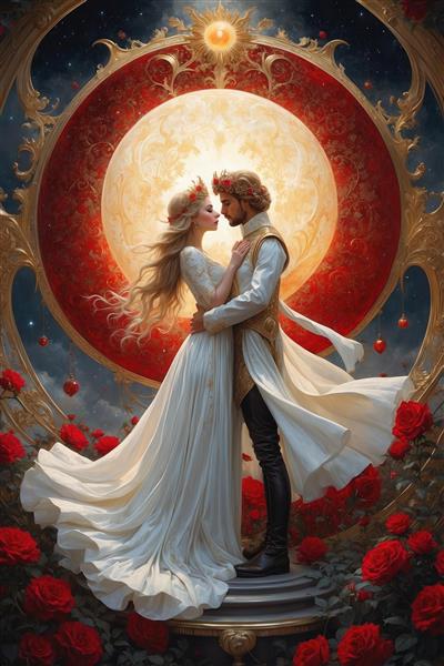 عکس عاشقانه شاهزاده و ملکه فانتزی در میان گل‌ها