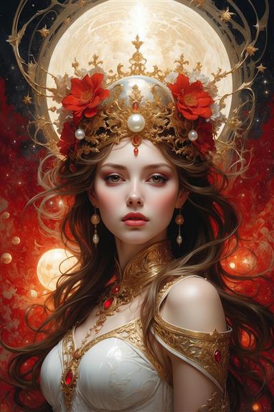 عکس پرتره ملکه فانتزی با رزهای سرخ و مروارید