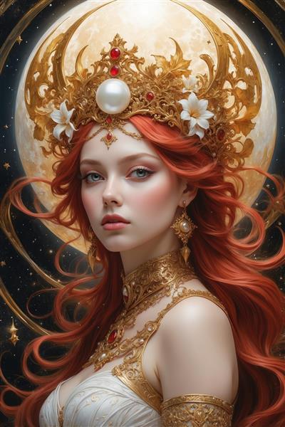تصویر ملکه فانتزی با موهای قرمز و تاج طلایی