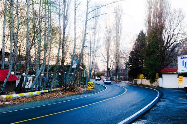 عکس حرفه‌ای از پیچ جاده چالوس در فصل پاییز با درختان بلند و نمای سفر جاده‌ای