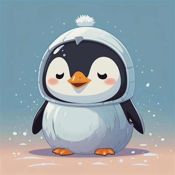طرح پنگوئن کارتونی خواب‌آلود با کلاه گرم زمستانی