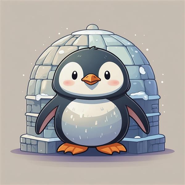 عکس پنگوئن فانتزی با بال‌های باز جلوی خانه اسکیمو