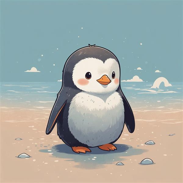 تصویر پنگوئن فانتزی روی ساحل شنی با پس‌زمینه دریا