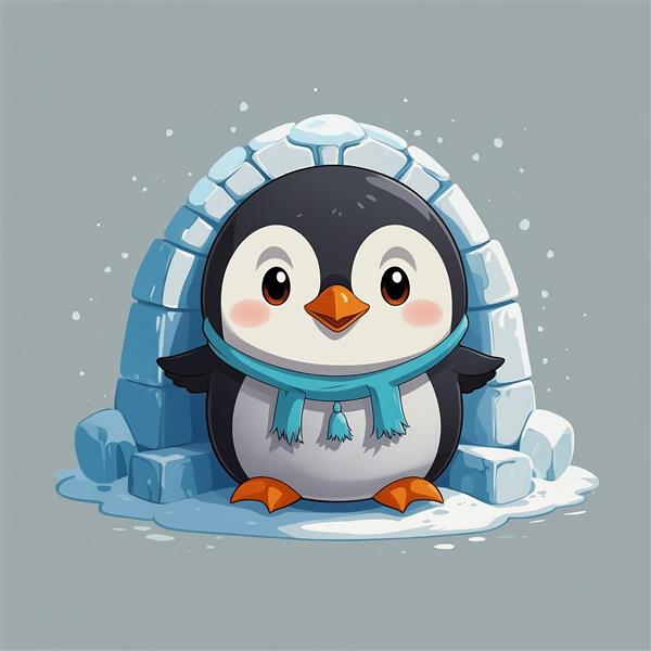 طرح پنگوئن کارتونی با شال‌گردن آبی جلوی کلبه یخی