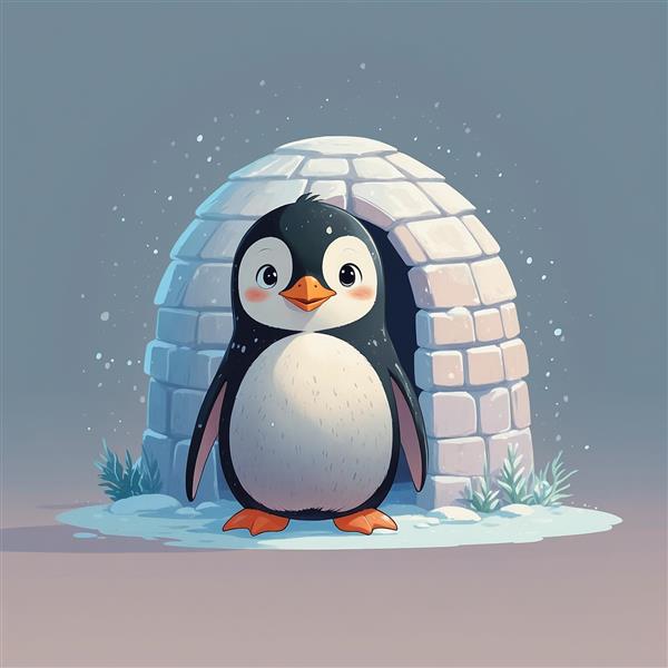 عکس پنگوئن فانتزی جلوی کلبه اسکیمو در فضای برفی