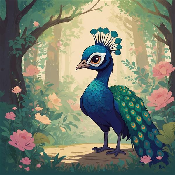 عکس طاووس واقعی در باغ گل با پرهای درخشان