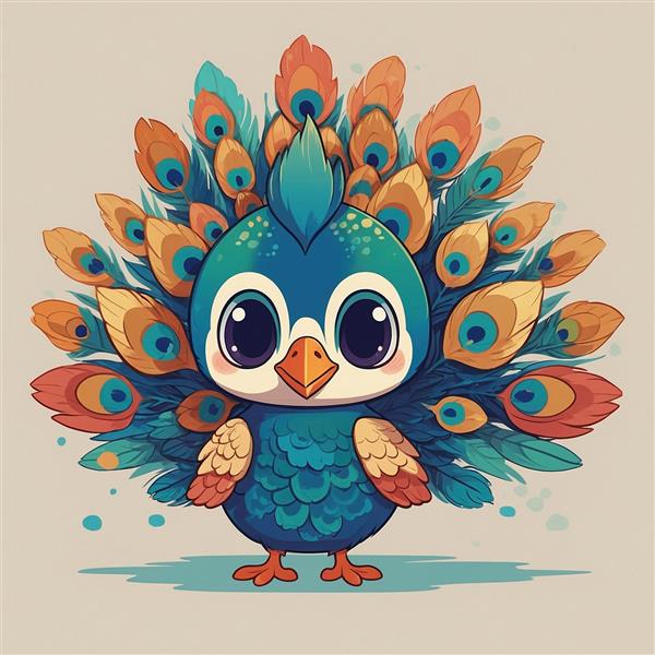 طرح طاووس فانتزی رنگارنگ با پرهای نارنجی و فیروزه‌ای