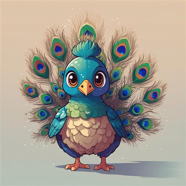 عکس طاووس فانتزی کوچک با دم باز چتری فیروزه‌ای