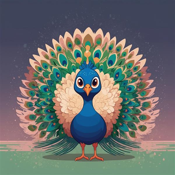 تصویر طاووس فانتزی ایستاده با دم باز بزرگ رنگی