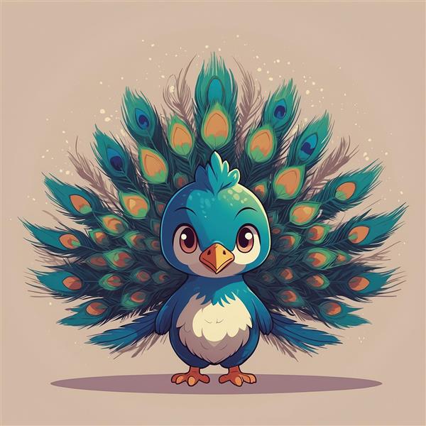 عکس طاووس فانتزی کوچک با دم باز فیروزه‌ای براق