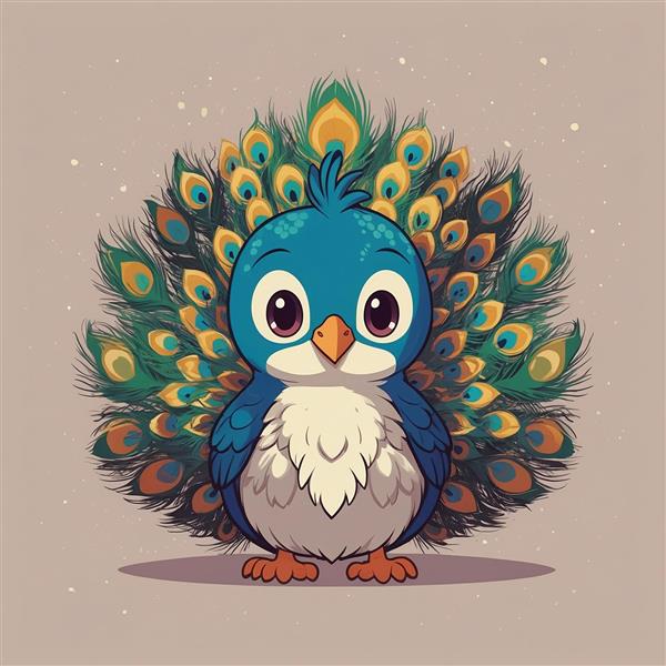 طرح طاووس فانتزی مهربان با دم چتری بزرگ فیروزه‌ای