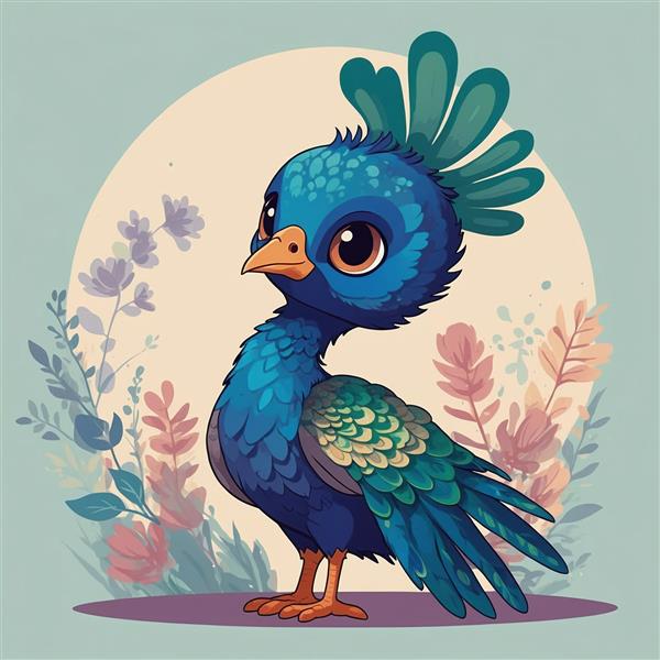 تصویر طاووس فانتزی ایستاده با پرهای آبی دکوراتیو