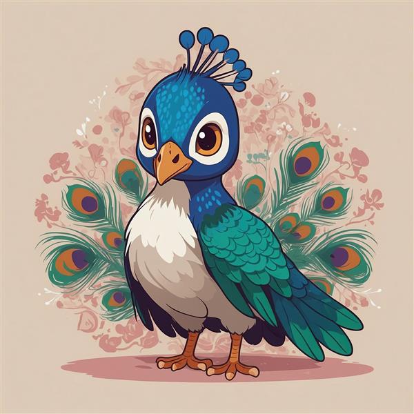 تصویر طاووس کارتونی با پس‌زمینه گل‌دار و رنگ‌های شاد
