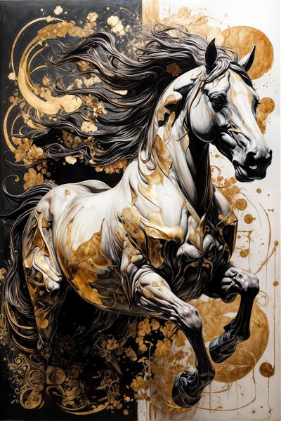 عکس اسب سفید و سیاه فانتزی با لکه‌های طلایی مدرن
