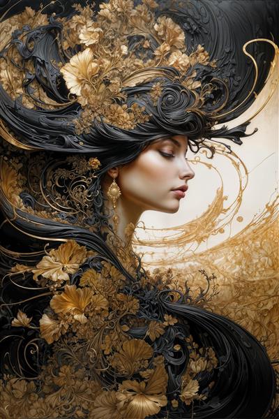طرح زن فانتزی با کلاه بزرگ پوشیده از گل‌های طلایی