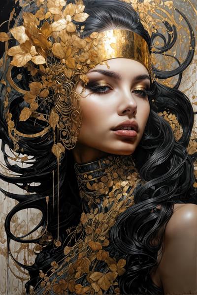 تصویر پرتره زن فانتزی با سربند طلایی و گل‌های تزئینی