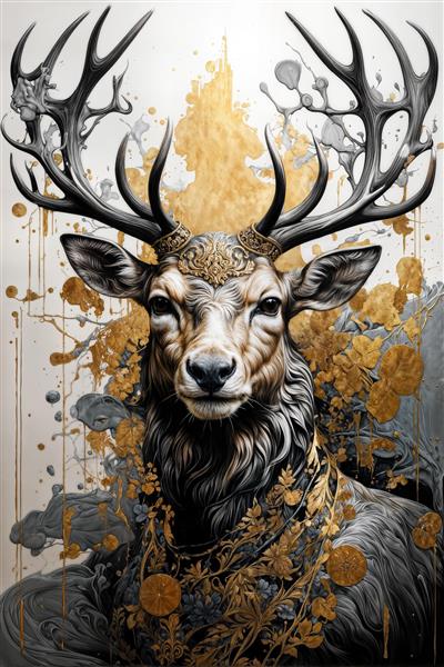 عکس گوزن فانتزی با شاخ‌های بزرگ و تزئینات طلایی اسلیمی