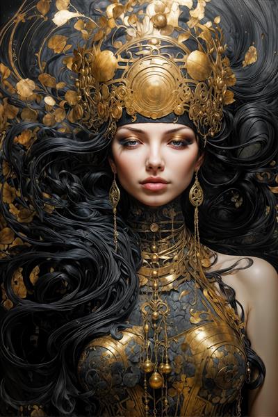 طرح چهره زن فانتزی با تاج بزرگ و زره طلایی