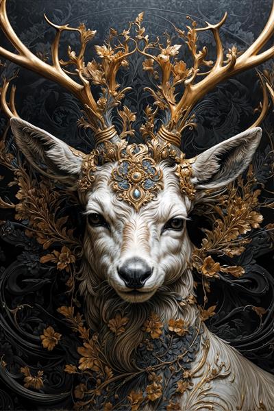 تصویر گوزن سفید فانتزی با شاخ‌های طلایی و گل‌دار