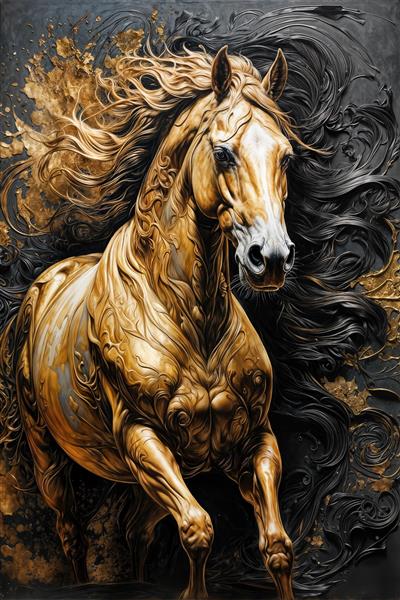 عکس اسب طلایی فانتزی با یال سیاه و جزئیات دقیق