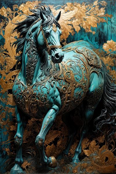 طرح اسب فیروزه‌ای دکوراتیو با نقش‌ونگارهای طلایی و اسلیمی